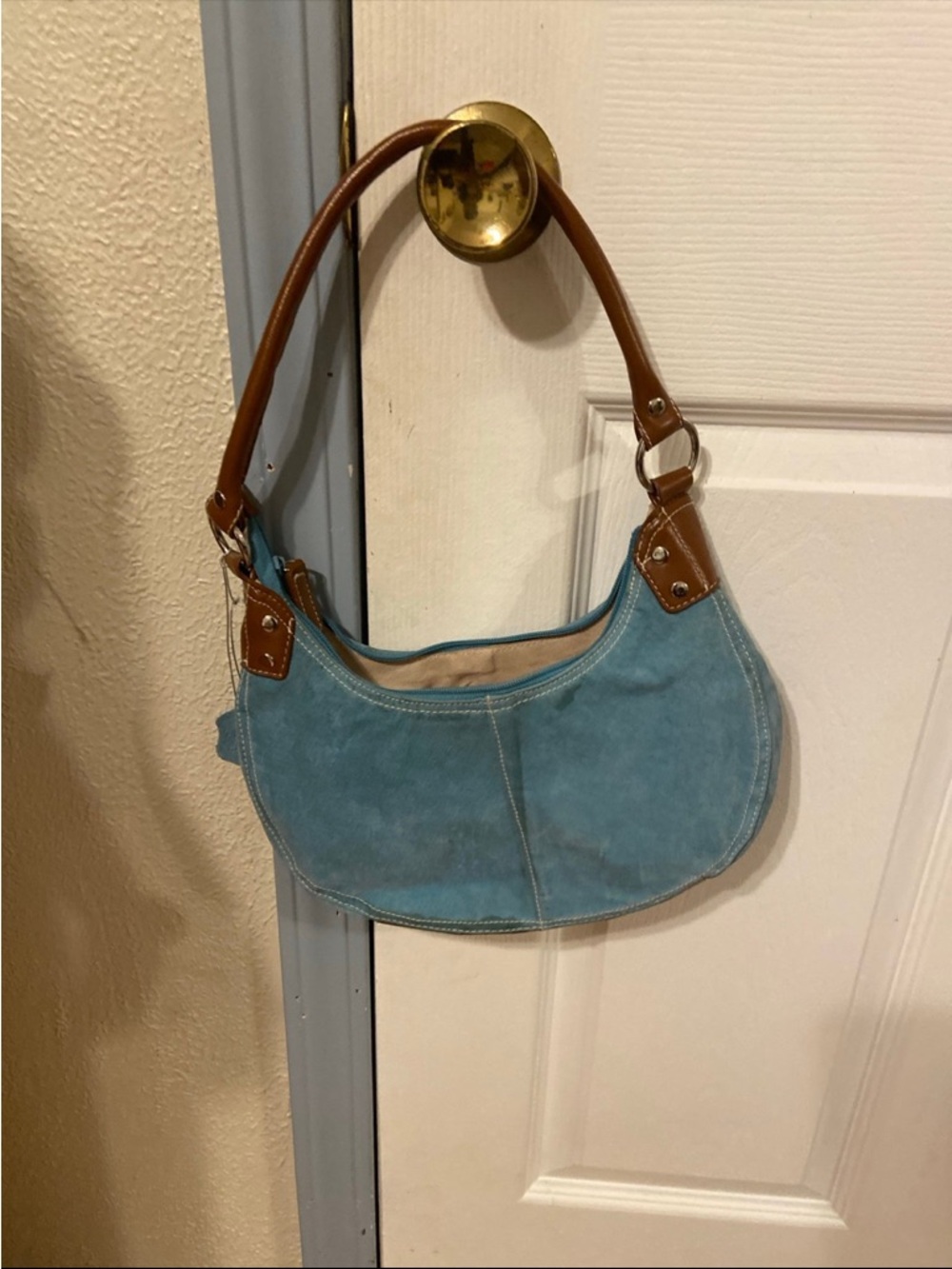Turquoise Suede Crossbody Bag with Brown Leather Strap